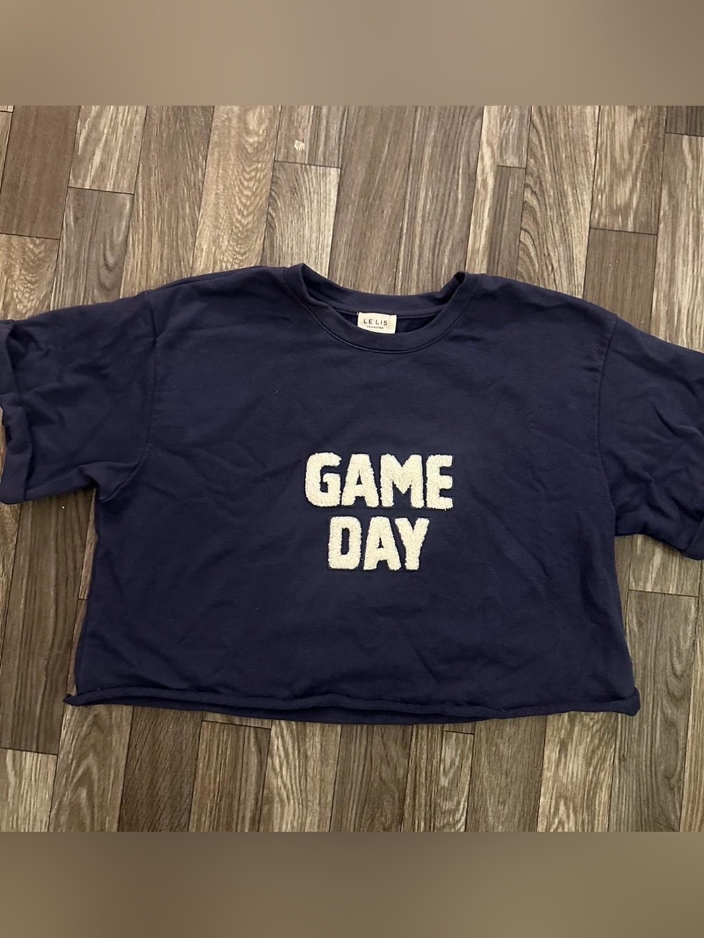Le Lis navy pullover with white chenille "GAME DAY"